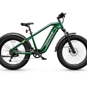 A green electric bike is parked on the ground.