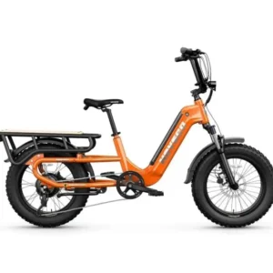 A orange electric bike with a seat on the back.
