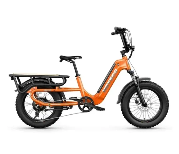 A orange electric bike with a seat on the back.