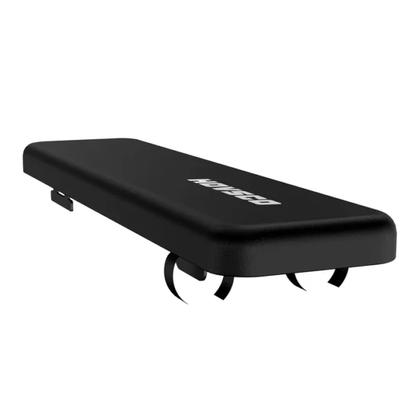 A black bench with two wheels on it.