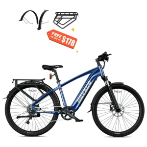 A blue electric bike with a rack attached to it.