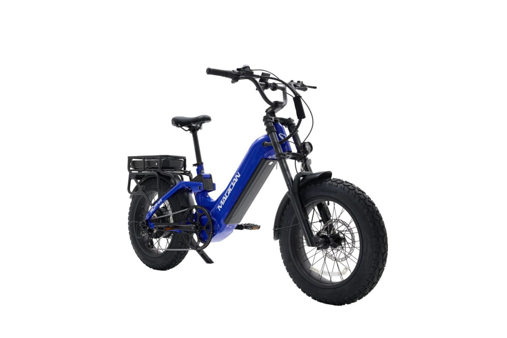 Blue electric fat-tire bicycle with rear rack