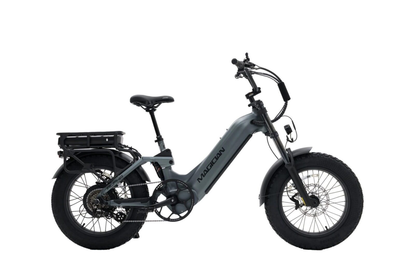 Gray electric fat-tire bicycle with rear rack