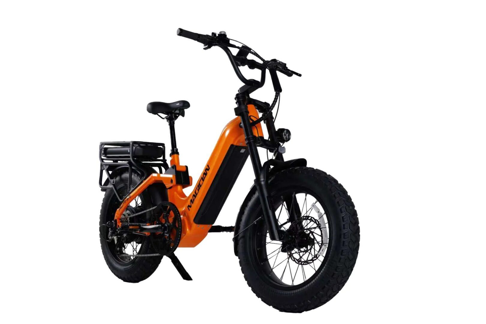 Orange electric fat-tire bike with rear rack