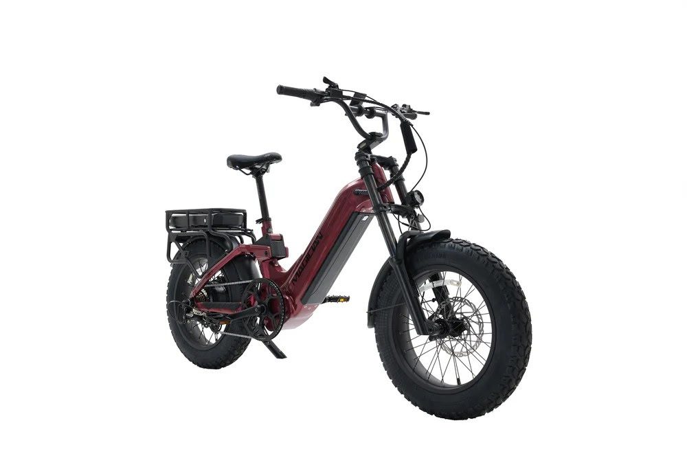 Red electric fat-tire bike with rear rack